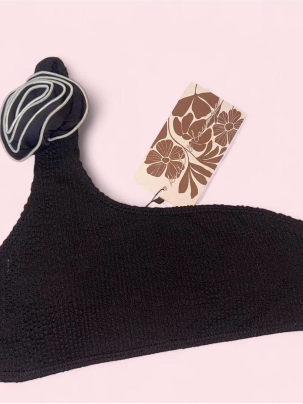Black Asymmetric One-Shoulder Textured Bikini Top